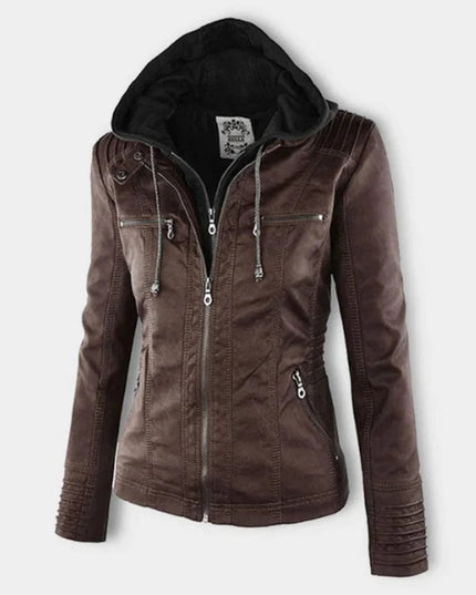 Women's Hooded Moto Jacket in Faux Leather with Zip Pockets