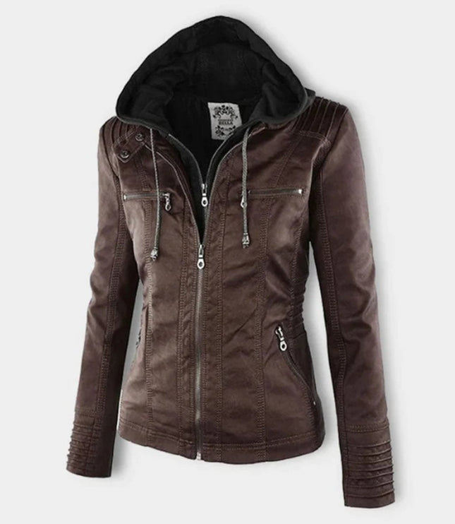 Women's Hooded Moto Jacket in Faux Leather with Zip Pockets