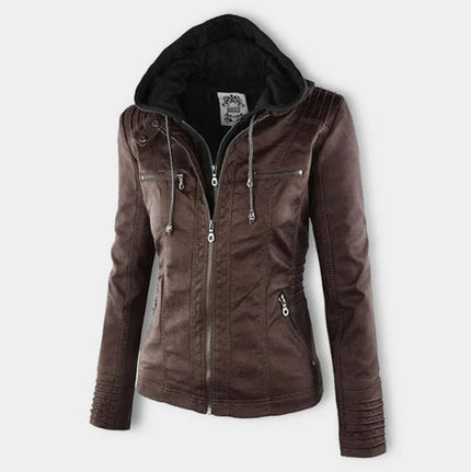 Women's Hooded Moto Jacket in Faux Leather with Zip Pockets