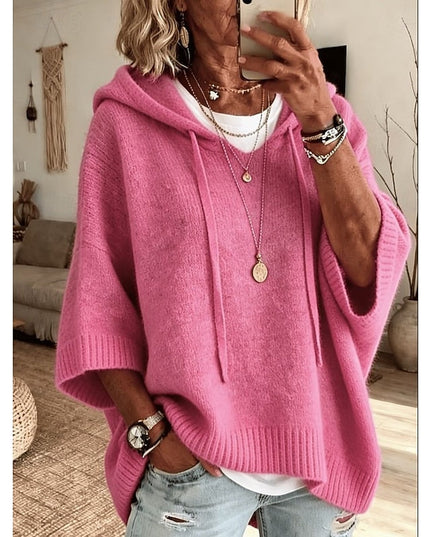 Women's Hooded Pullover Sweater 3/4 Sleeve Relaxed Knit