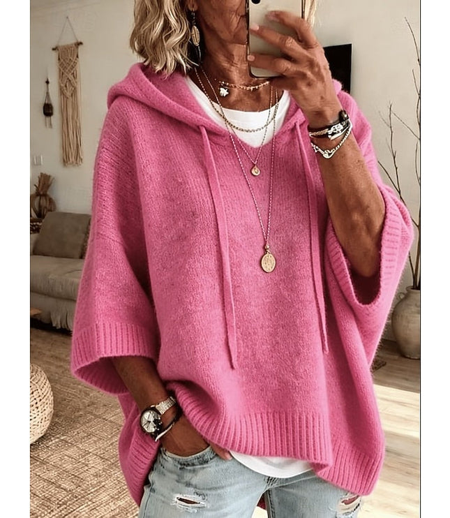 Women's Hooded Pullover Sweater 3/4 Sleeve Relaxed Knit
