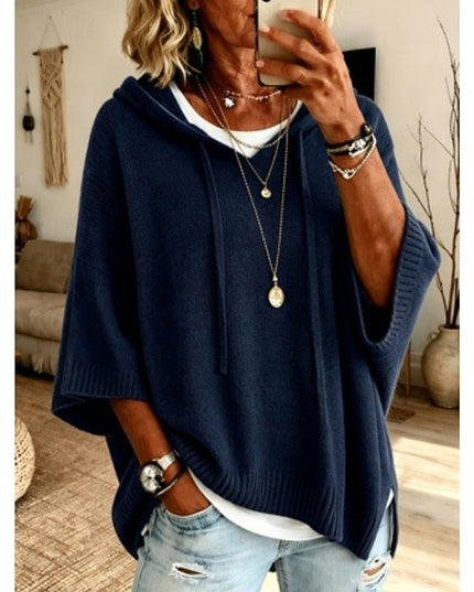 Women's Hooded Pullover Sweater 3/4 Sleeve Relaxed Knit