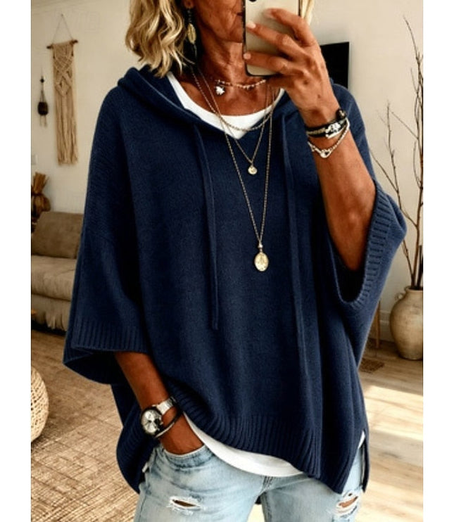 Women's Hooded Pullover Sweater 3/4 Sleeve Relaxed Knit