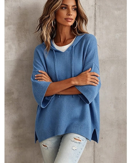 Women's Hooded Pullover Sweater 3/4 Sleeve Relaxed Knit