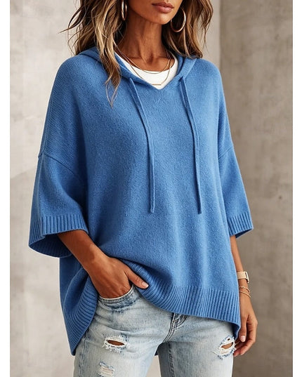 Women's Hooded Pullover Sweater 3/4 Sleeve Relaxed Knit