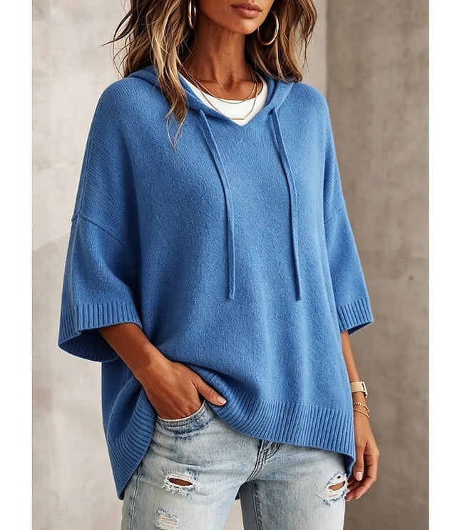 Women's Hooded Pullover Sweater 3/4 Sleeve Relaxed Knit