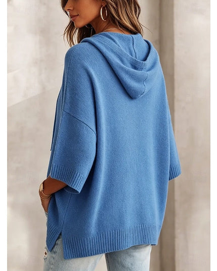 Women's Hooded Pullover Sweater 3/4 Sleeve Relaxed Knit