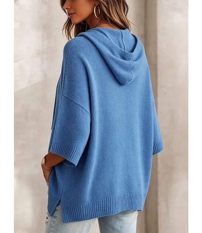 Women's Hooded Pullover Sweater 3/4 Sleeve Relaxed Knit