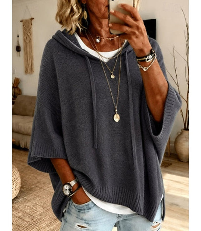 Women's Hooded Pullover Sweater 3/4 Sleeve Relaxed Knit