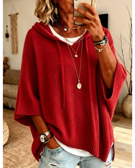 Women's Hooded Pullover Sweater 3/4 Sleeve Relaxed Knit