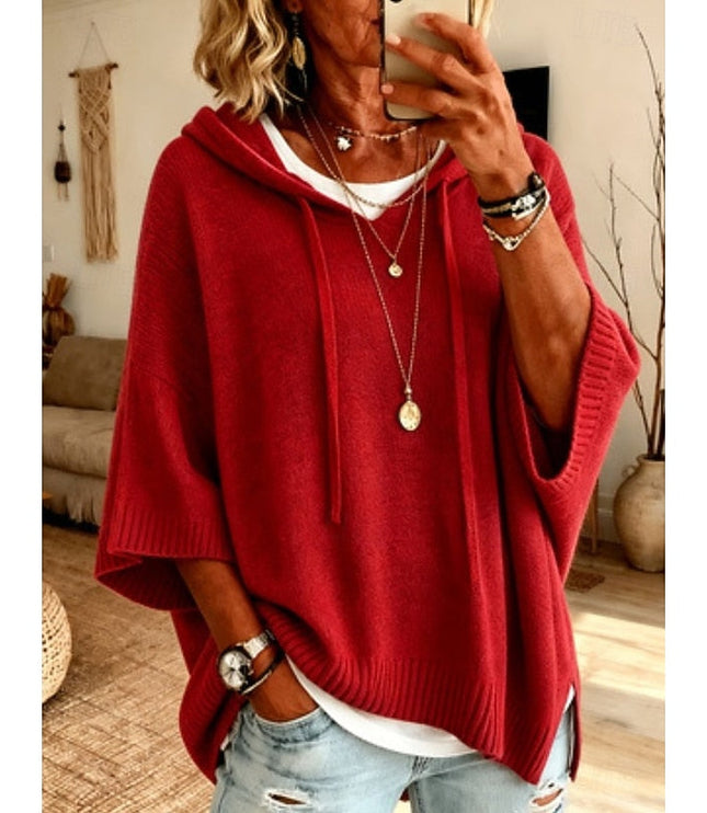 Women's Hooded Pullover Sweater 3/4 Sleeve Relaxed Knit