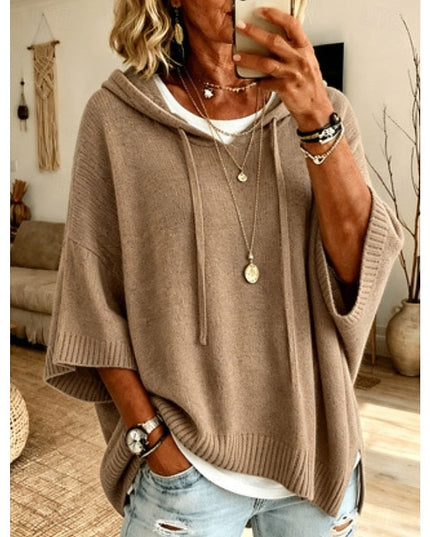 Women's Hooded Pullover Sweater 3/4 Sleeve Relaxed Knit
