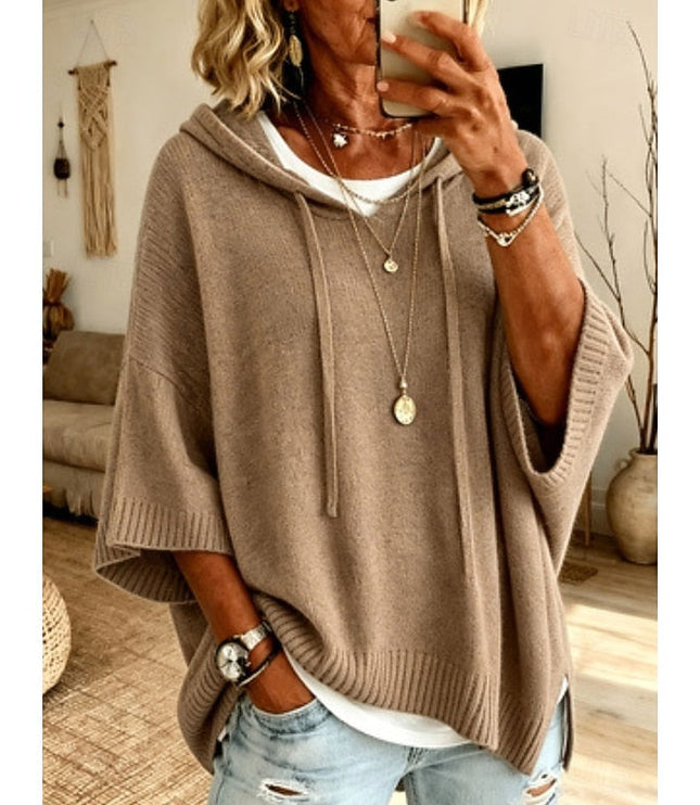 Women's Hooded Pullover Sweater 3/4 Sleeve Relaxed Knit