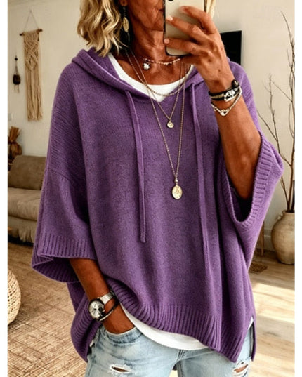 Women's Hooded Pullover Sweater 3/4 Sleeve Relaxed Knit