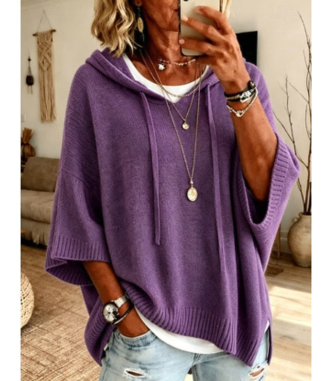 Women's Hooded Pullover Sweater 3/4 Sleeve Relaxed Knit