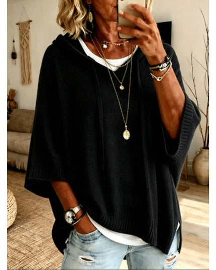 Women's Hooded Pullover Sweater 3/4 Sleeve Relaxed Knit