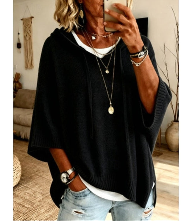 Women's Hooded Pullover Sweater 3/4 Sleeve Relaxed Knit