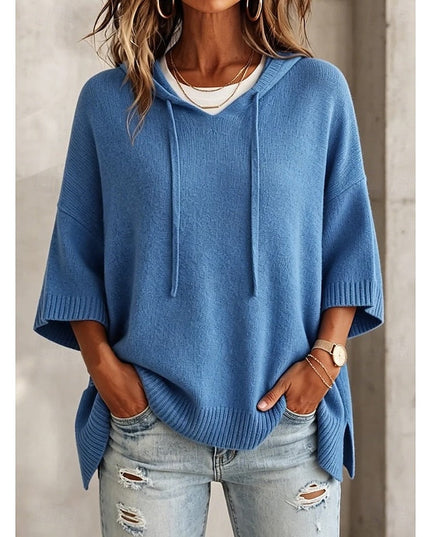 Women's Hooded Pullover Sweater 3/4 Sleeve Relaxed Knit