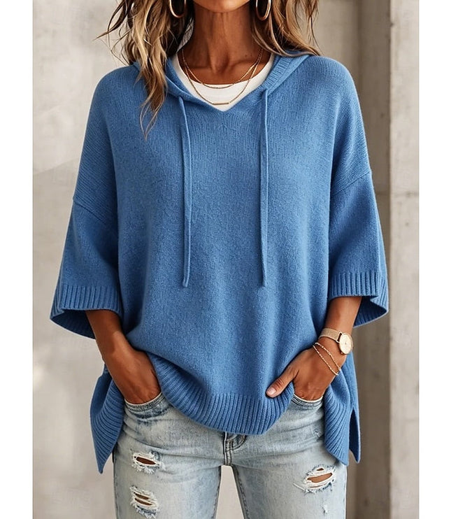 Women's Hooded Pullover Sweater 3/4 Sleeve Relaxed Knit