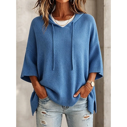 Women's Hooded Pullover Sweater 3/4 Sleeve Relaxed Knit