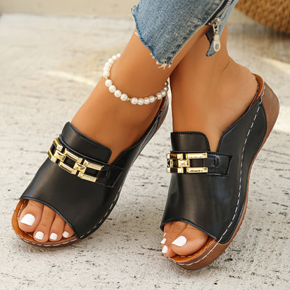 Black leather cushioned platform slides with gold chain accent