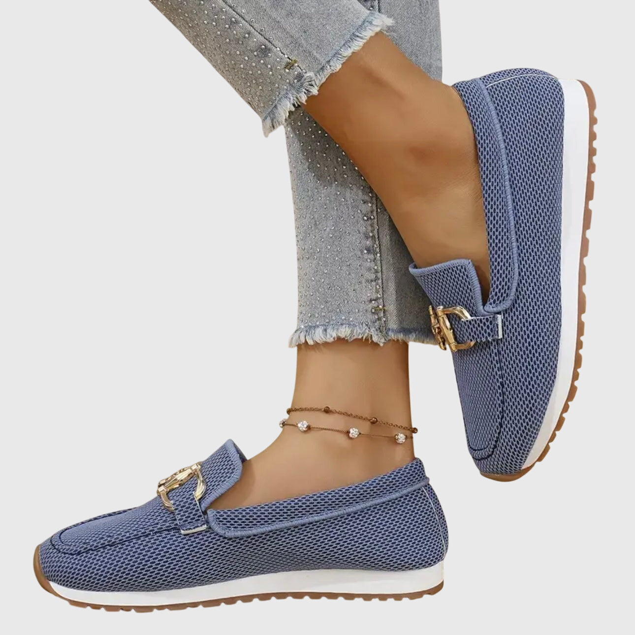 Blue mesh horsebit loafers with white stripe and gold bit accent