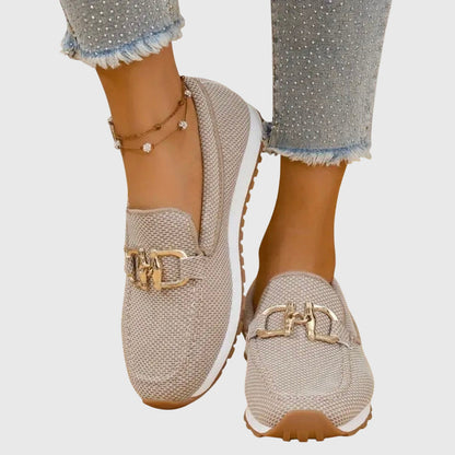 Beige mesh horsebit loafers with white sole and gold buckle detail