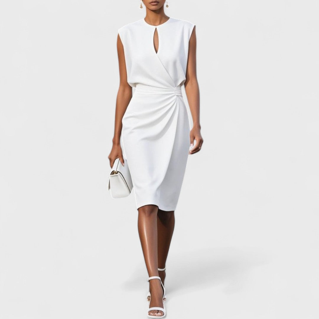 White sleeveless wrap midi dress with keyhole cutout and side ruching detail