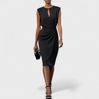 Black sleeveless wrap midi dress with keyhole neckline and draped waist