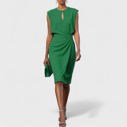 Emerald green sleeveless wrap midi dress with keyhole detail and gathered waist