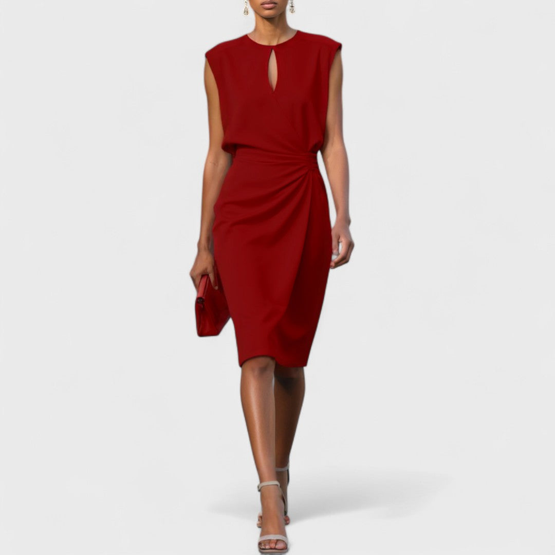 Deep red sleeveless wrap midi dress with keyhole neckline and side ruching