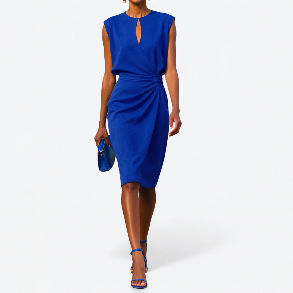 Royal blue sleeveless wrap midi dress with keyhole cutout and wrapped waist
