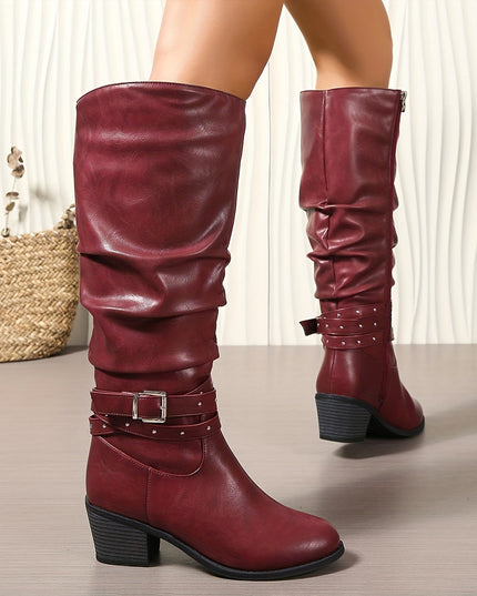 Women's Knee High Black Slouch Boots with Block Heel and Zip