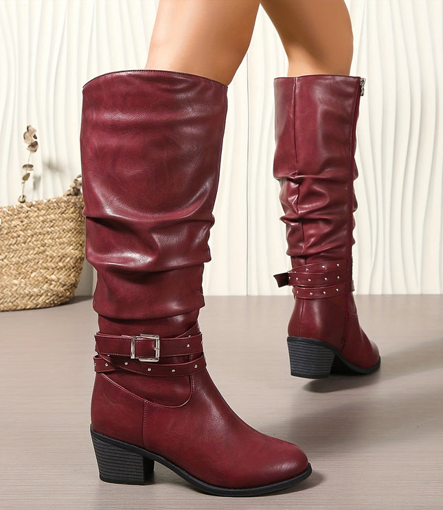 Women's Knee High Black Slouch Boots with Block Heel and Zip