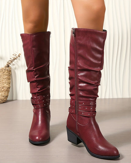 Women's Knee High Black Slouch Boots with Block Heel and Zip