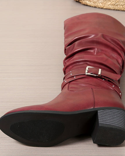 Women's Knee High Black Slouch Boots with Block Heel and Zip