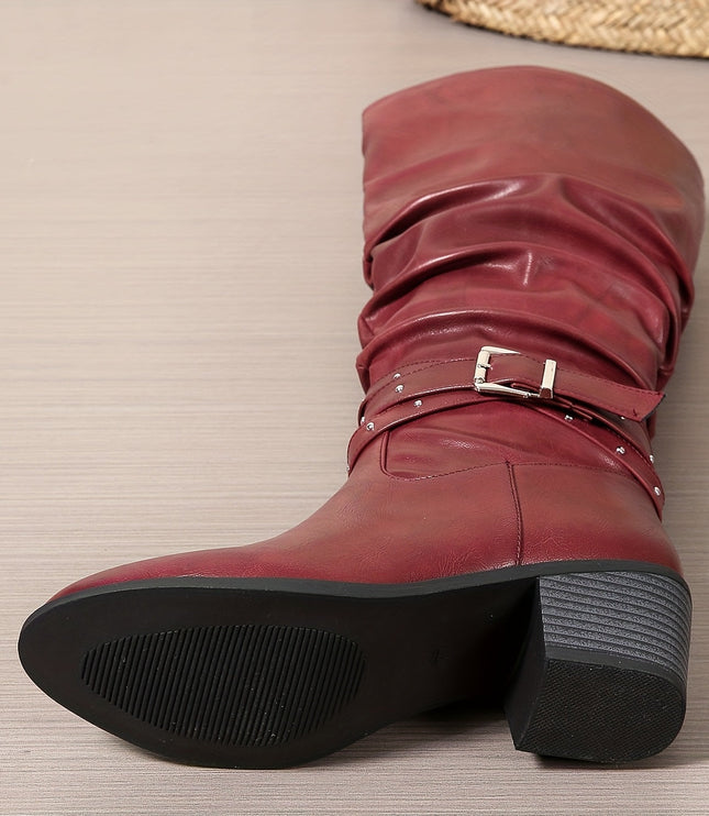 Women's Knee High Black Slouch Boots with Block Heel and Zip