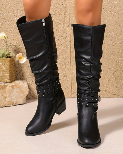 Women's Knee High Black Slouch Boots with Block Heel and Zip