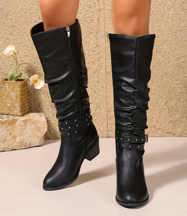 Women's Knee High Black Slouch Boots with Block Heel and Zip