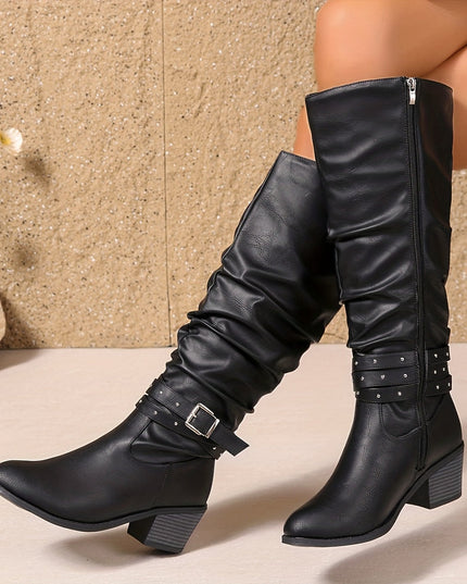 Women's Knee High Black Slouch Boots with Block Heel and Zip