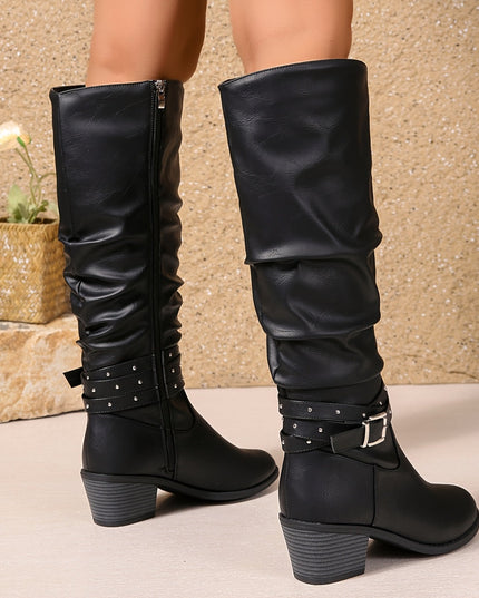 Women's Knee High Black Slouch Boots with Block Heel and Zip