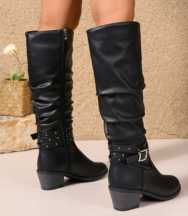 Women's Knee High Black Slouch Boots with Block Heel and Zip