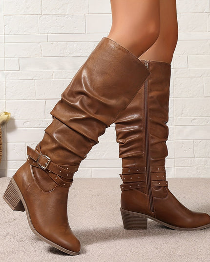Women's Knee High Black Slouch Boots with Block Heel and Zip