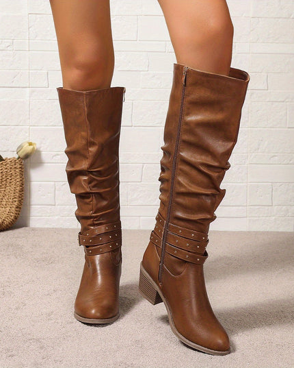 Women's Knee High Black Slouch Boots with Block Heel and Zip