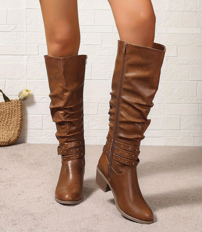 Women's Knee High Black Slouch Boots with Block Heel and Zip