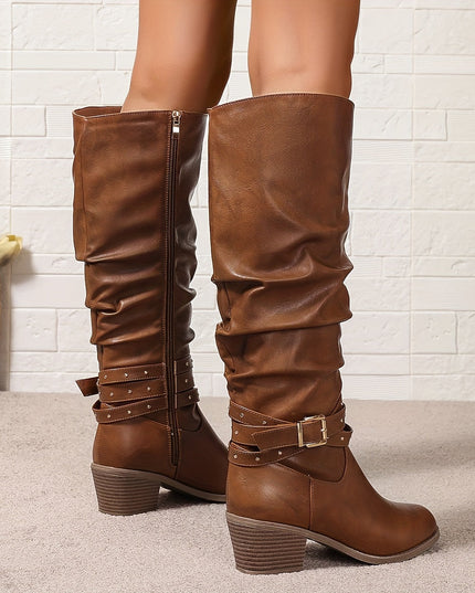 Women's Knee High Black Slouch Boots with Block Heel and Zip