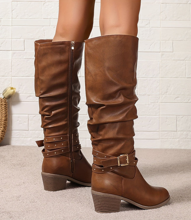 Women's Knee High Black Slouch Boots with Block Heel and Zip