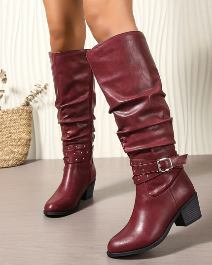 Women's Knee High Black Slouch Boots with Block Heel and Zip