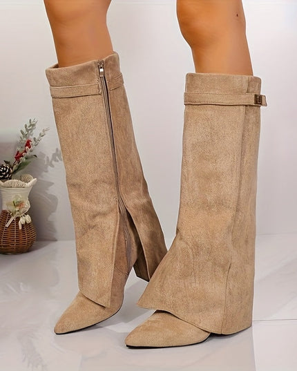 Women's Knee High Boots in Faux Suede, Pointed Toe and Block Heel