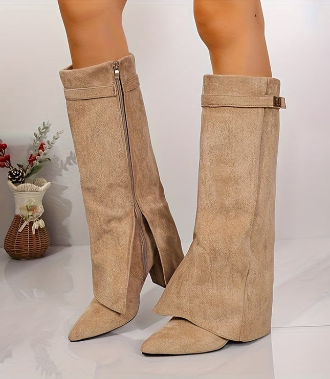 Women's Knee High Boots in Faux Suede, Pointed Toe and Block Heel